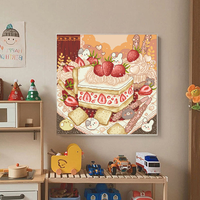 Set za križni bod 11CT, poliester-pamučne niti, crtani zeko s tortom od jagoda – za dnevni boravak i spavaću sobu