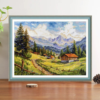 Set za križno šivanje – krajolik s kućicom u Dolini Chamoni, europski stil, ručno izvezen