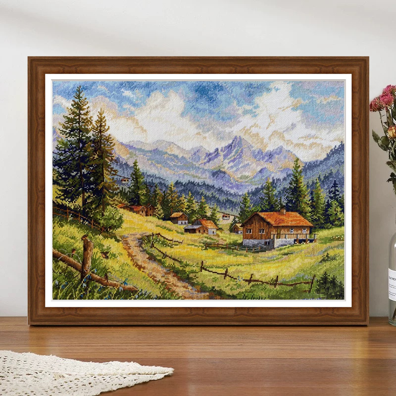Set za križno šivanje – krajolik s kućicom u Dolini Chamoni, europski stil, ručno izvezen