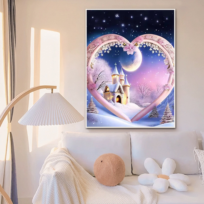 Mona Lisa križni šav kit: snježni krajolik sa srcem, 11CT pamučna tkanina, vertikalna verzija