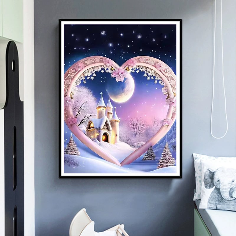 Mona Lisa križni šav kit: snježni krajolik sa srcem, 11CT pamučna tkanina, vertikalna verzija