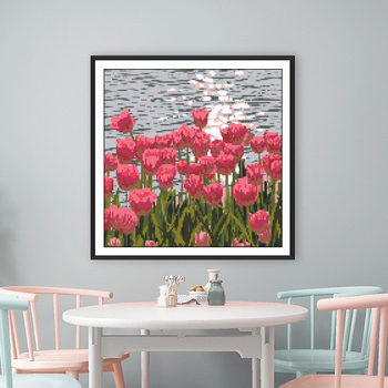 Keresztszemes hímzőkészlet 11CT vászonon – Tulipánok, táj, modern minimalista stílus