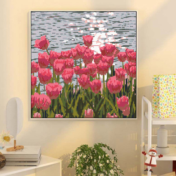 Keresztszemes hímzőkészlet 11CT vászonon – Tulipánok, táj, modern minimalista stílus