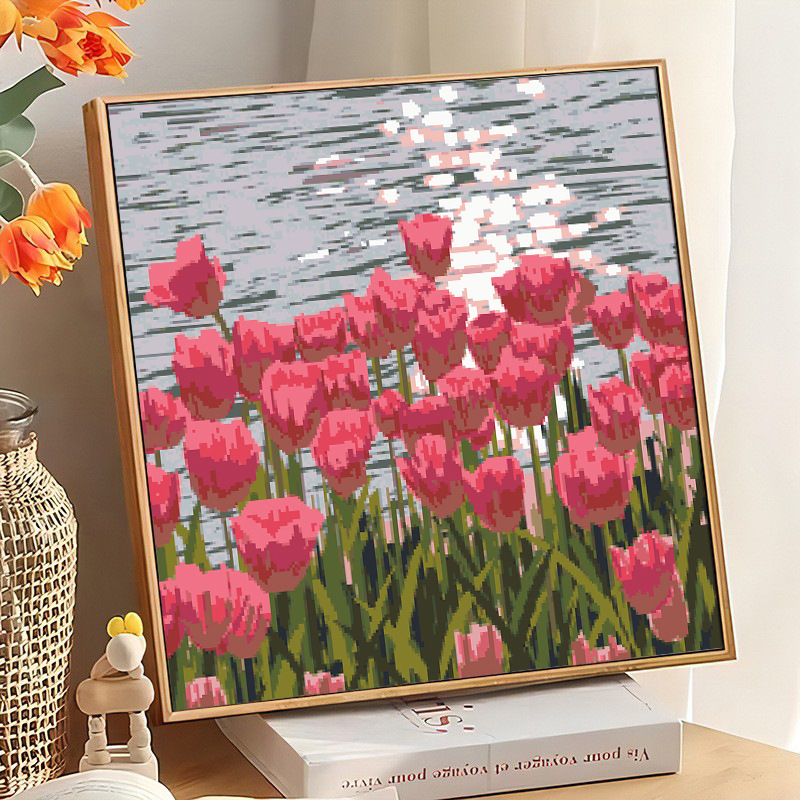 Keresztszemes hímzőkészlet 11CT vászonon – Tulipánok, táj, modern minimalista stílus