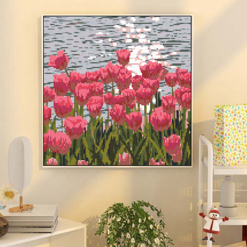 Keresztszemes hímzőkészlet 11CT vászonon – Tulipánok, táj, modern minimalista stílus