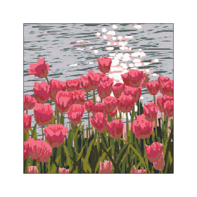 Keresztszemes hímzőkészlet 11CT vászonon – Tulipánok, táj, modern minimalista stílus