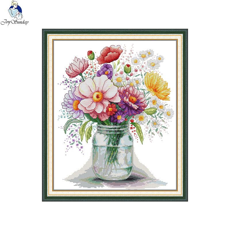 NKF2025 Set za križni šav: cvjetni krajolik s vazom divljeg cvijeća za dnevni boravak
