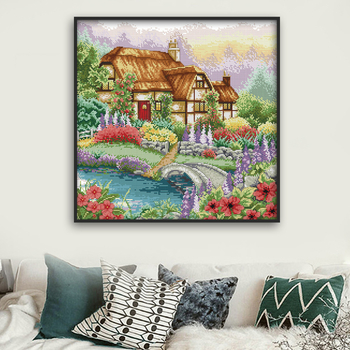 Set za križni vez: pejzaži — Kućica na pamukovoj tkanini, DIY vez, 11CT