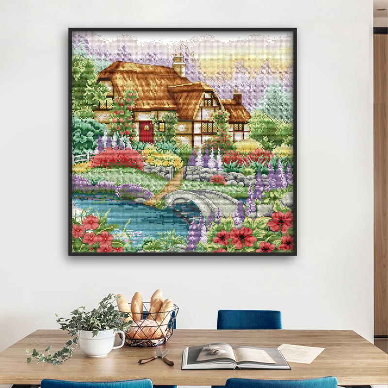 Set za križni vez: pejzaži — Kućica na pamukovoj tkanini, DIY vez, 11CT