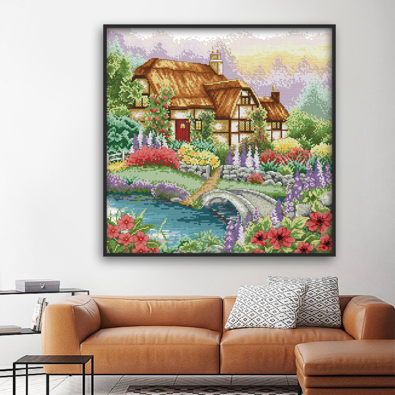 Set za križni vez: pejzaži — Kućica na pamukovoj tkanini, DIY vez, 11CT