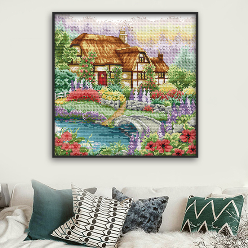 Set za križni vez: pejzaži — Kućica na pamukovoj tkanini, DIY vez, 11CT