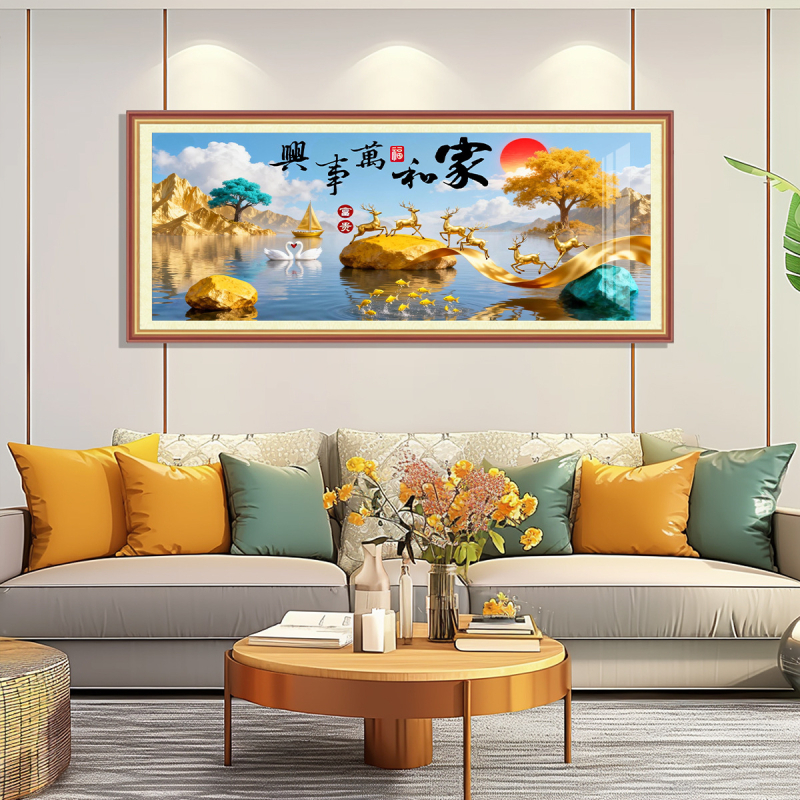 Broderie cu cruci pe țesătură de bumbac importată, stil chinezesc festiv, tablou decorativ pentru sufragerie