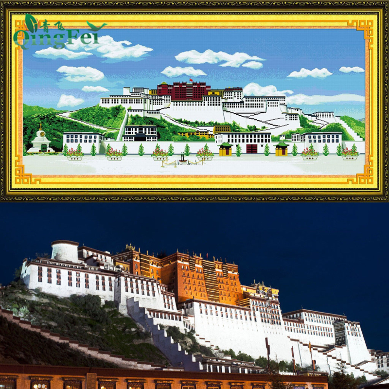 Qingfei 5D stereo Potala Palace križno šivanje komplet na bijelom platnu, 11CT, tibetanska arhitektura, dijamantna slika za dnevni boravak