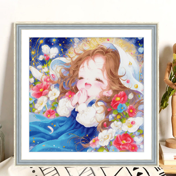 Kit de broderie cu cross-stitch: desen animat, fată visătoare pentru decorul dormitorului, pânză 11CT