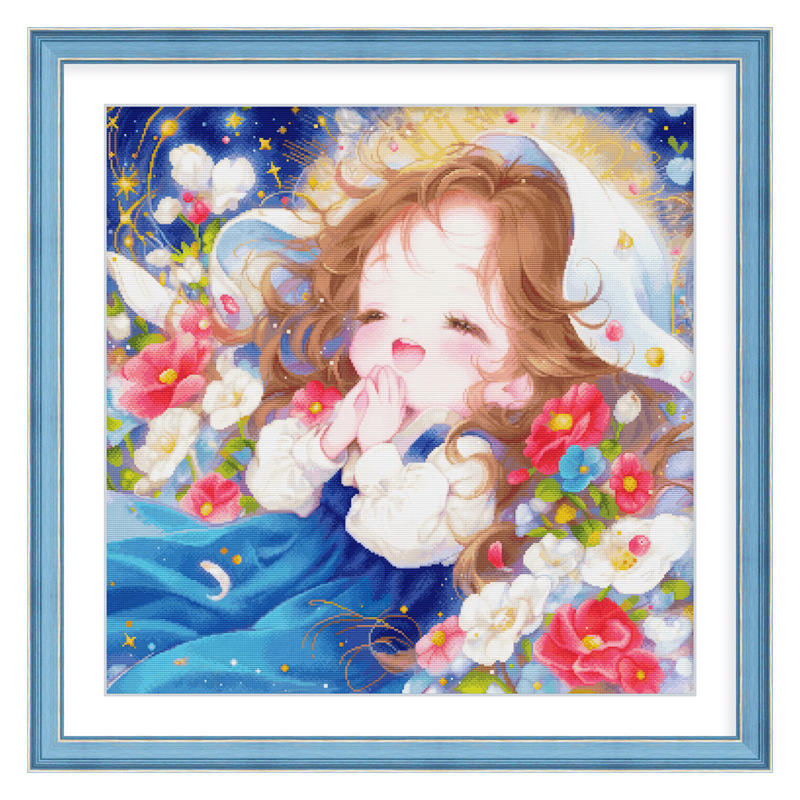 Kit de broderie cu cross-stitch: desen animat, fată visătoare pentru decorul dormitorului, pânză 11CT