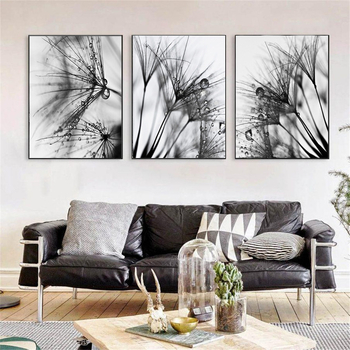 Tropanelna platnena slika, moderni minimalistički still life s crno-bijelim maslačkom, tehnikom spreja