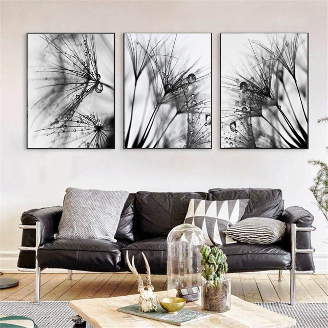 Tropanelna platnena slika, moderni minimalistički still life s crno-bijelim maslačkom, tehnikom spreja
