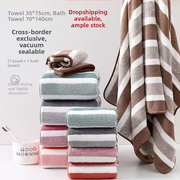 Prosop de baie din fleece coral, cu dungi late în trei culori, gros, cu două fețe, absorbant, delicat cu pielea, prosop de plajă.