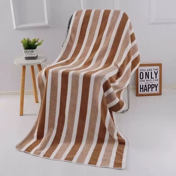 Prosop de baie din fleece coral, cu dungi late în trei culori, gros, cu două fețe, absorbant, delicat cu pielea, prosop de plajă.