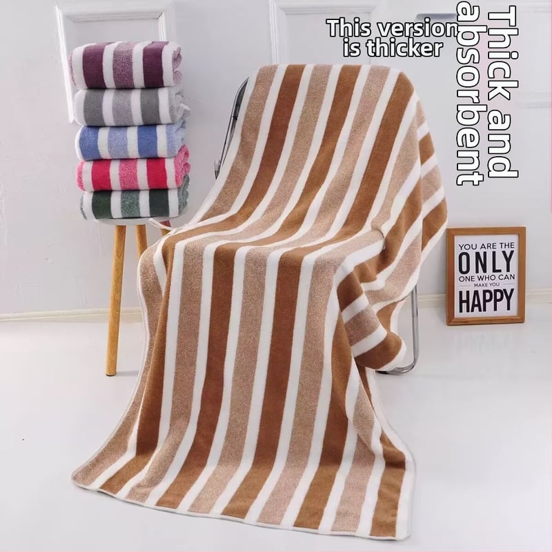 Prosop de baie din fleece coral, cu dungi late în trei culori, gros, cu două fețe, absorbant, delicat cu pielea, prosop de plajă.