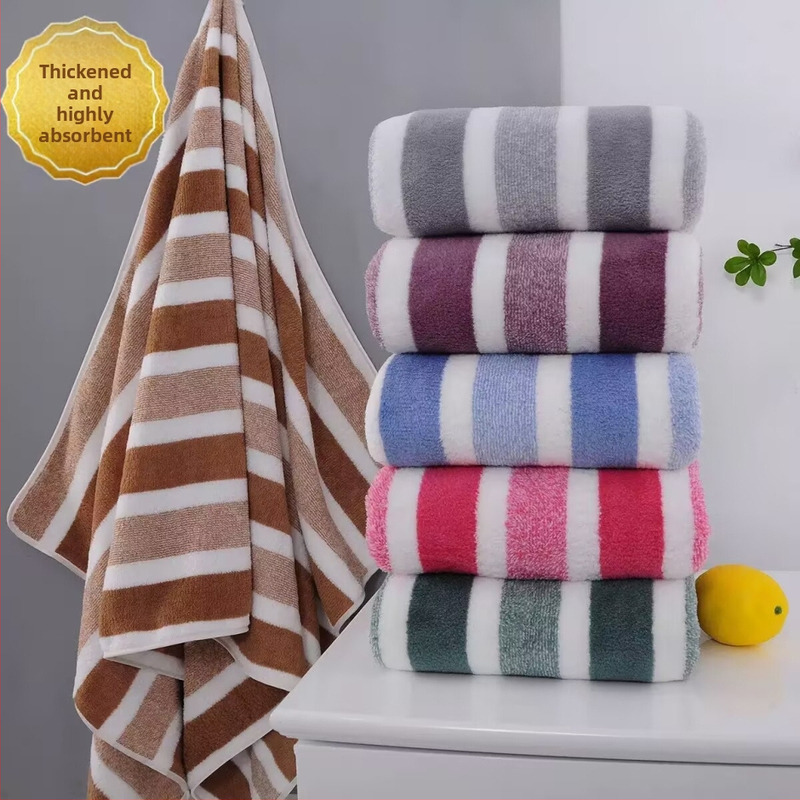 Prosop de baie din fleece coral, cu dungi late în trei culori, gros, cu două fețe, absorbant, delicat cu pielea, prosop de plajă.