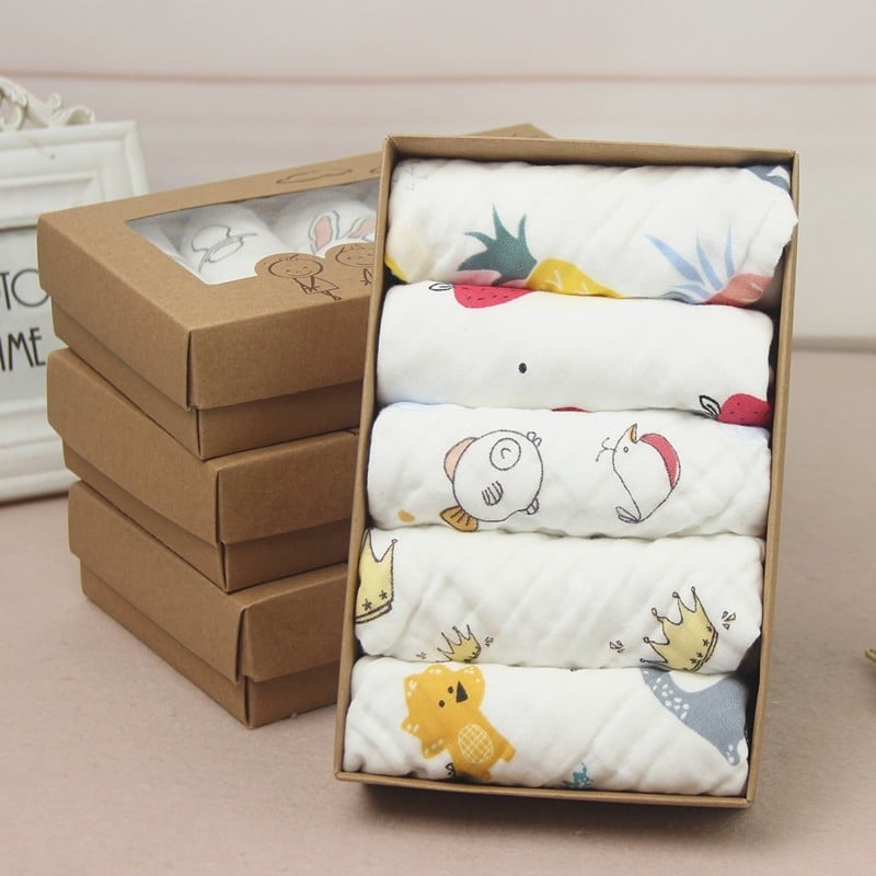 5-dijelni poklon paket: guste gaze četvrtaste maramice, mekane i upijajuće, 6 slojeva, s kukom za kačenje, 30×30 cm