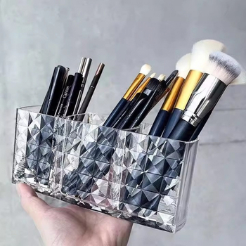 Prozirna akrilna kutija za kozmetiku sa tri pretinca, modernog minimalističkog dizajna, rhombus uzorak