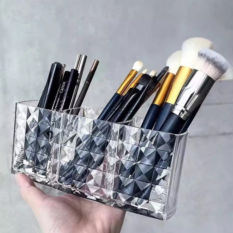 Prozirna akrilna kutija za kozmetiku sa tri pretinca, modernog minimalističkog dizajna, rhombus uzorak