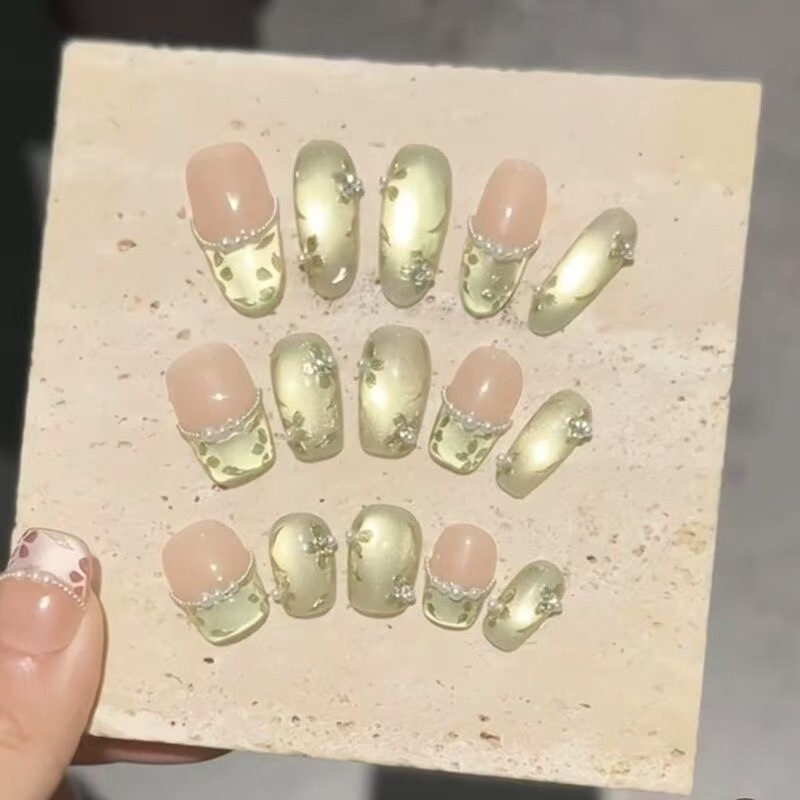 Zeleni Cat Eye nokatni vrhovi, ovalni oblik, ručna izrada, prozirni Cat Eye efekt