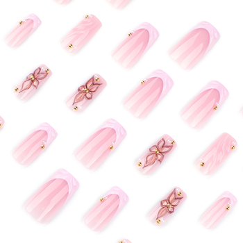Ružičasti francuski nokti za nanošenje, 3D cvjetni ljetni nail art, srednje dužine kvadratni vrhovi