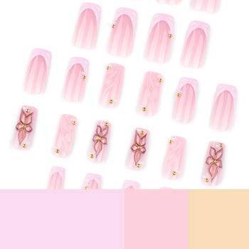Ružičasti francuski nokti za nanošenje, 3D cvjetni ljetni nail art, srednje dužine kvadratni vrhovi