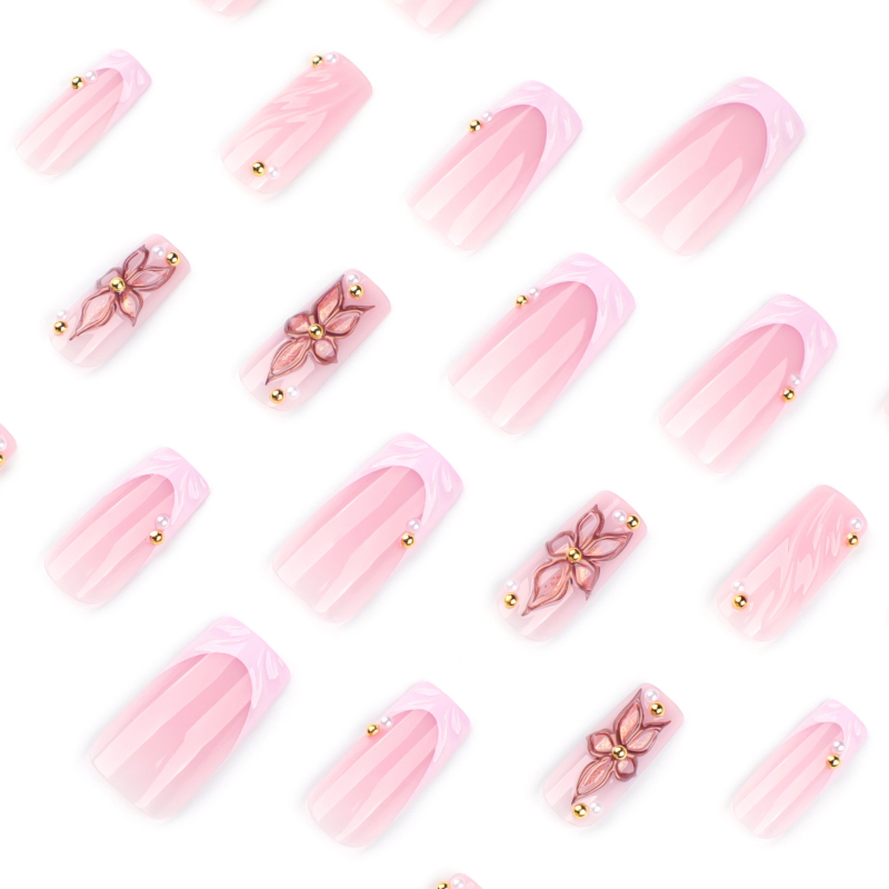 Ružičasti francuski nokti za nanošenje, 3D cvjetni ljetni nail art, srednje dužine kvadratni vrhovi