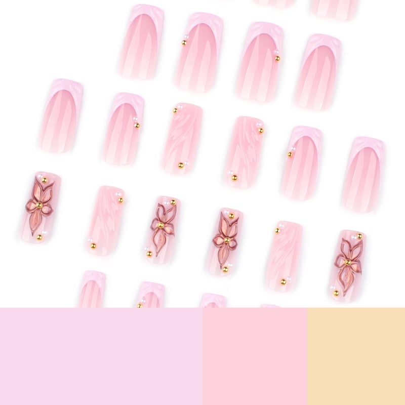 Ružičasti francuski nokti za nanošenje, 3D cvjetni ljetni nail art, srednje dužine kvadratni vrhovi