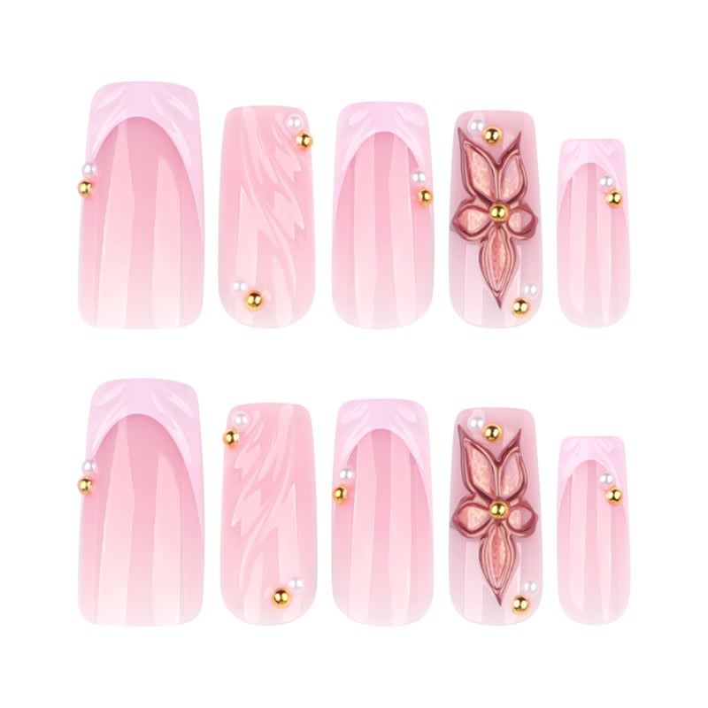Ružičasti francuski nokti za nanošenje, 3D cvjetni ljetni nail art, srednje dužine kvadratni vrhovi