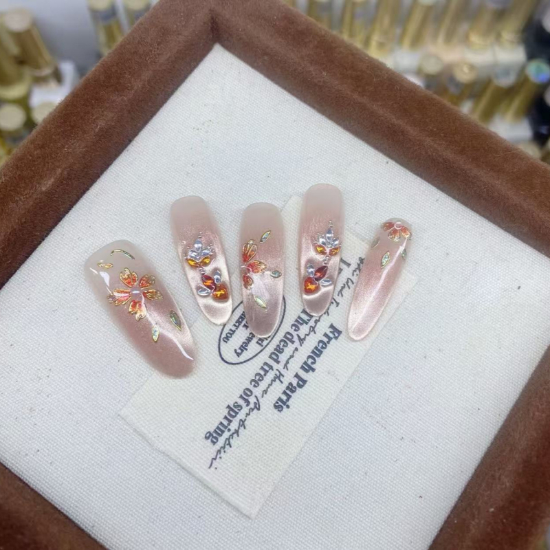 Good Luck Koi ručno izrađeni nokti za nanošenje, kineski stil luksuzni manikjur, nokti s efektom cat-eye, dugi nokti za jesen i zimu