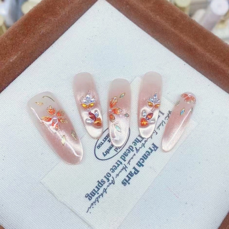 Good Luck Koi ručno izrađeni nokti za nanošenje, kineski stil luksuzni manikjur, nokti s efektom cat-eye, dugi nokti za jesen i zimu