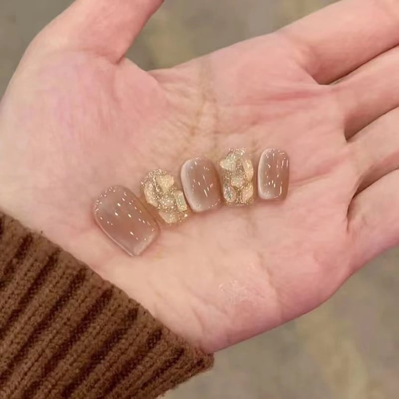 Αυτοκόλλητα νυχιών Gel με εφέ Cat Eye, Γιασεμί Τσάι, χειροποίητα κοντά νύχια, έτοιμα τεμάχια