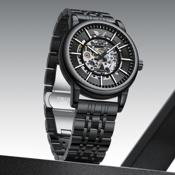 Louie Juelen Uniszex Mechanikus Óra, 42 mm-es számlappal, 30 m-es vízállóság, átlátszó hátlap, világító sötétben, rozsdamentes acél szíj, hagyma alakú korona
