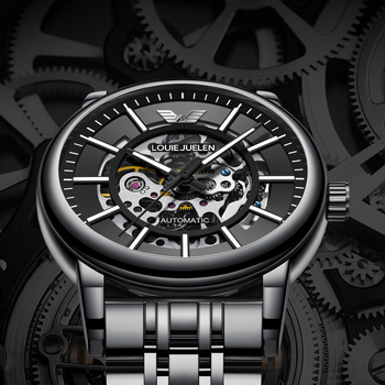 Louie Juelen Uniszex Mechanikus Óra, 42 mm-es számlappal, 30 m-es vízállóság, átlátszó hátlap, világító sötétben, rozsdamentes acél szíj, hagyma alakú korona