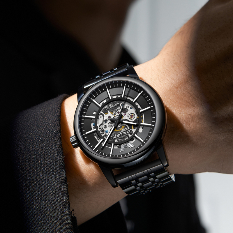 Louie Juelen Uniszex Mechanikus Óra, 42 mm-es számlappal, 30 m-es vízállóság, átlátszó hátlap, világító sötétben, rozsdamentes acél szíj, hagyma alakú korona