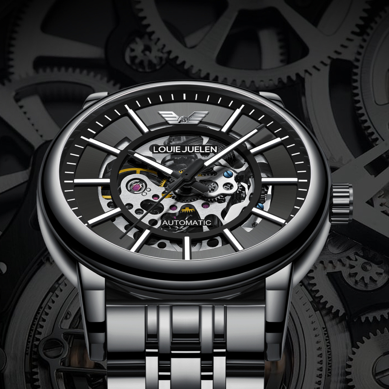 Louie Juelen Uniszex Mechanikus Óra, 42 mm-es számlappal, 30 m-es vízállóság, átlátszó hátlap, világító sötétben, rozsdamentes acél szíj, hagyma alakú korona