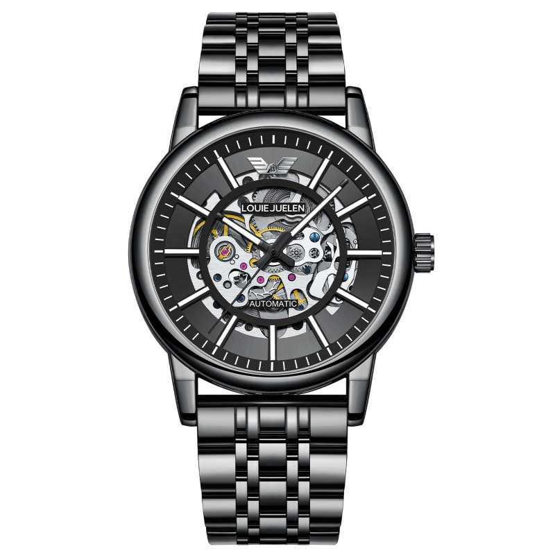 Louie Juelen Uniszex Mechanikus Óra, 42 mm-es számlappal, 30 m-es vízállóság, átlátszó hátlap, világító sötétben, rozsdamentes acél szíj, hagyma alakú korona