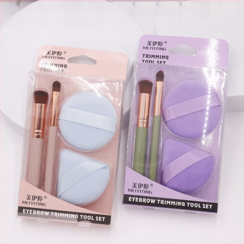 Kreatívna sada štetcov na make-up s púderovou hubkou pre začiatočníkov — obsahuje púderovú hubku, štetec na líca, uhlový štetec na rozjasňovač, štetec na pery