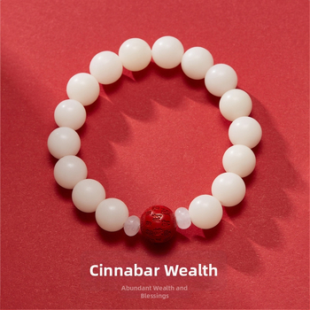 Prírodný 10 mm biely jade Bodhi náramok s Hundred Fortunes korálikmi v odtieni cinnabár červeného piesku, unisex, jednoriadkový