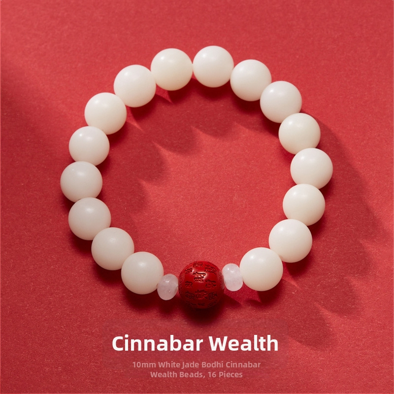 Prírodný 10 mm biely jade Bodhi náramok s Hundred Fortunes korálikmi v odtieni cinnabár červeného piesku, unisex, jednoriadkový