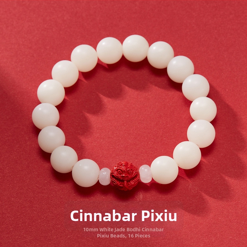 Prírodný 10 mm biely jade Bodhi náramok s Hundred Fortunes korálikmi v odtieni cinnabár červeného piesku, unisex, jednoriadkový