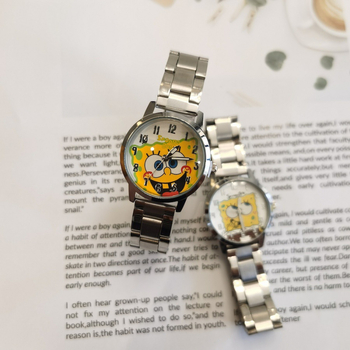 Dječji sat SpongeBob s kaišem od nehrđajućeg čelika, crtani dizajn, vodootpornost do 10 m, kvarcni mehanizam