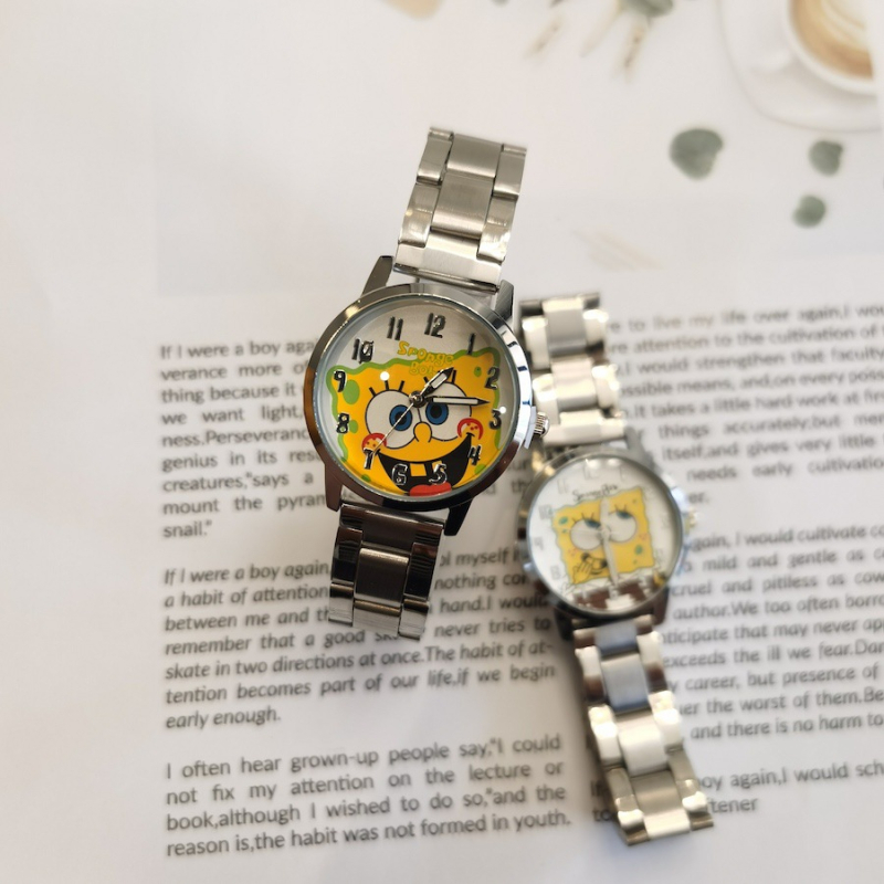 Dječji sat SpongeBob s kaišem od nehrđajućeg čelika, crtani dizajn, vodootpornost do 10 m, kvarcni mehanizam