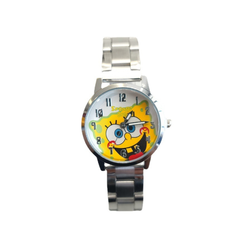 Dječji sat SpongeBob s kaišem od nehrđajućeg čelika, crtani dizajn, vodootpornost do 10 m, kvarcni mehanizam