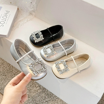 Dječje cipele za princeze s rhinestones, kvadratna špička, mekana potplata, protuklizne, srebrne, PU gornji dio, korejski stil, EU veličine 23-34